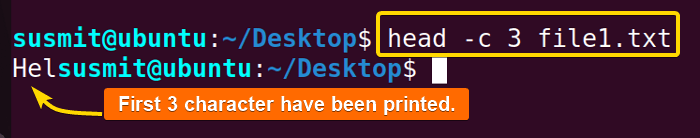 The head command in Linux has printed first three character from the file1.txt in terminal.