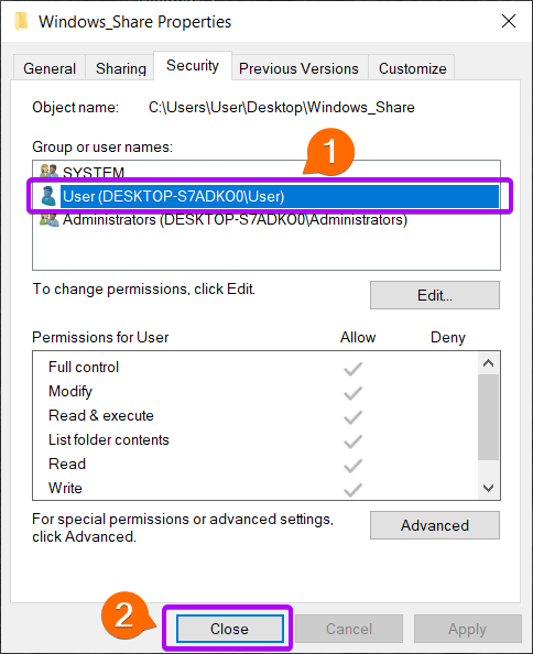 Verify Permissions of shared folder