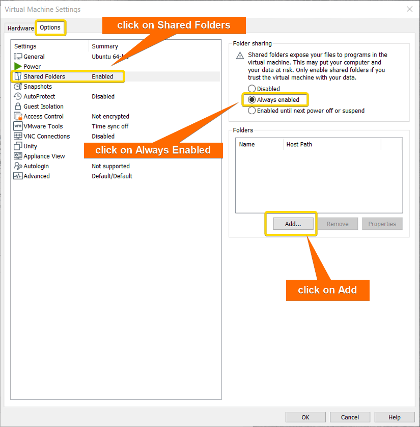 Enable and add folder to share files.