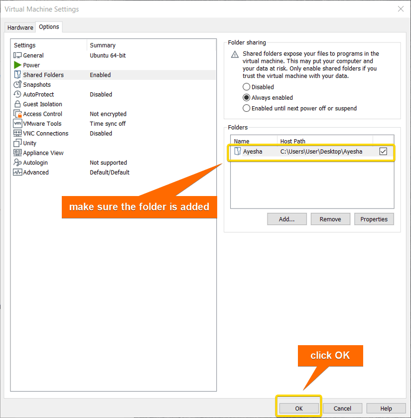 Ensure folder to share files is added.