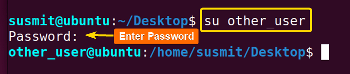 The su command in Linux has switched the user to other_user.