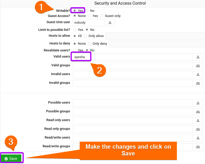 Save security setting fr Samba files
