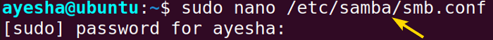 Command to configure Samba settings in a text file to share files.