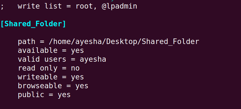 Write details of the shared folder in Samba configuration settings needed to share files
