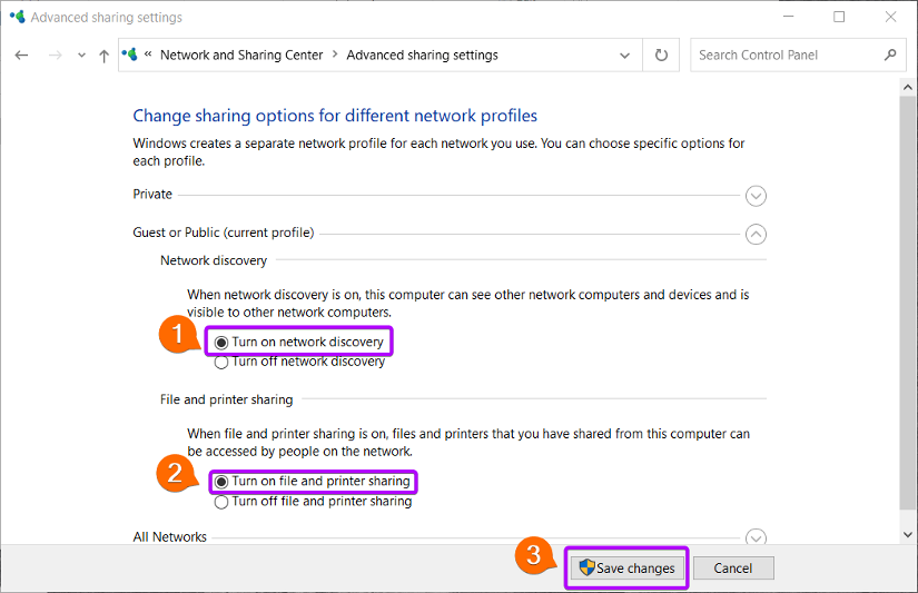 Turn on network discovery & file and printer sharing 