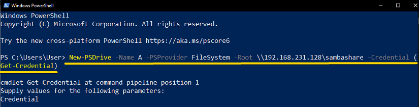 Writing command in PowerShell to access Samba share 