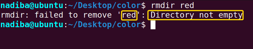 Error while deleting non-empty directory "red" using: rmdir red