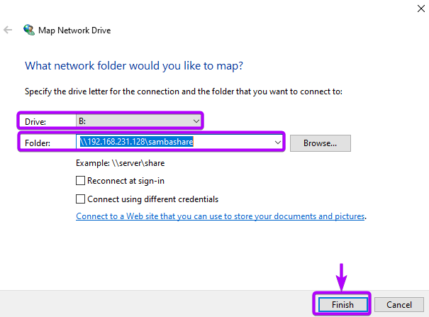 Choosing a drive and path for Samba share 