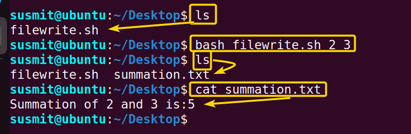 The output of filewrite.sh bash script is saved on the summation.txt file.