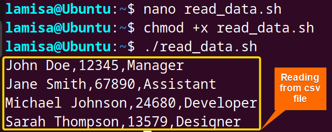 Read from CSV file using Bash