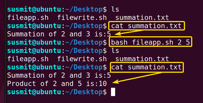 The output of the fileapp.sh is appened on the summation.txt file with the previous contents on that file.