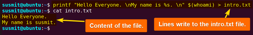printf command has written two lines to a new file.
