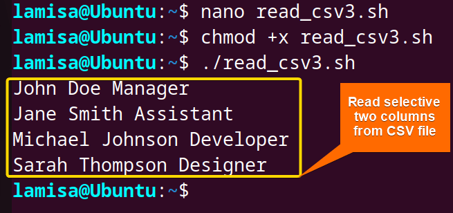 Read specific columns of CSV file using Bash 