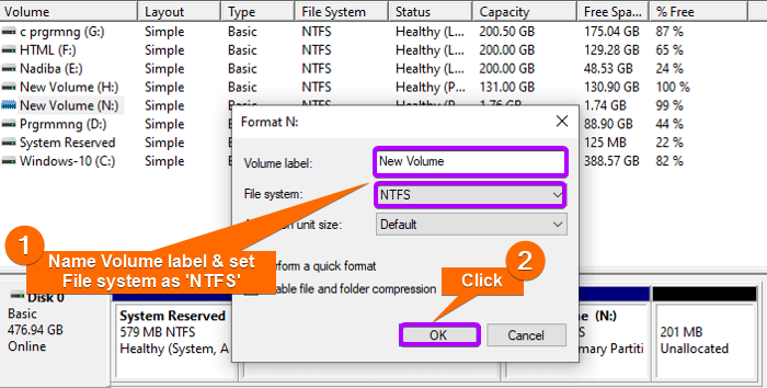 Naming volume label and setting file system during drive formatting