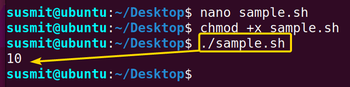 The Bash script has printed the value of the variable on the terminal that I have declared.
