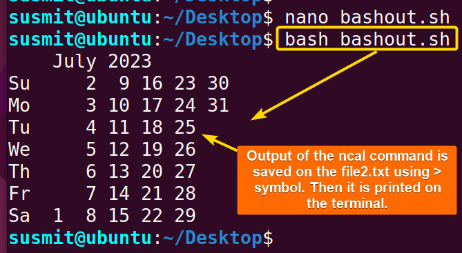 At first, output of the ncal command is redirected to file2.txt file, then the contents of the file2.txt has been printed on the terminal.