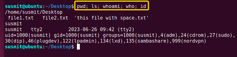 The the pwd command, the ls command, the whoami command, the who command, and the id command commands have been executed sequentially.
