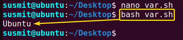 The bash script has displayed the value of a variable on the terminal.