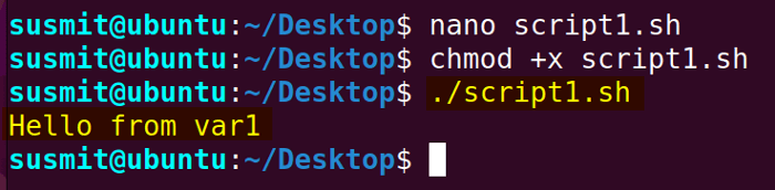 The Bash script has written the var1 variable to the file1.txt file and then printed the content of the file1.txt file on the terminal.