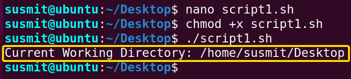 The Bash script has executed the pwd command stored inside the cur_dir variable.