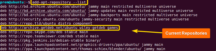 the command showing current apt repositories