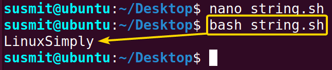 The bash script has printed the value of a string variable on the terminal.