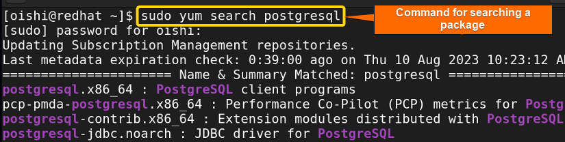 Searching a package with yum