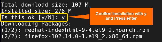 Confirming installation with y