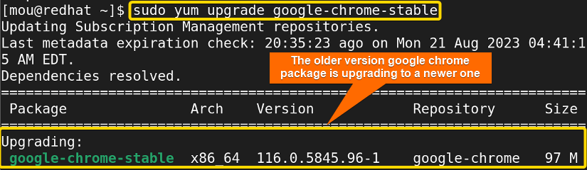 upgrading the google chrome old version to a new one with yum