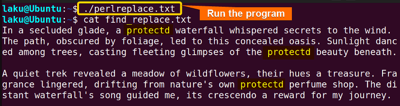 Visualizing text after replacement using perl command in bash