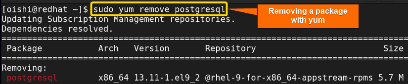 Remove a package with yum