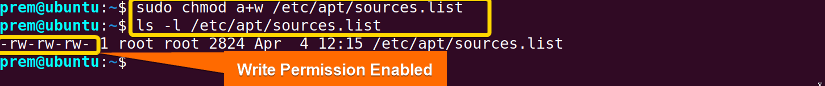 using mode changing command for writing permission enabling