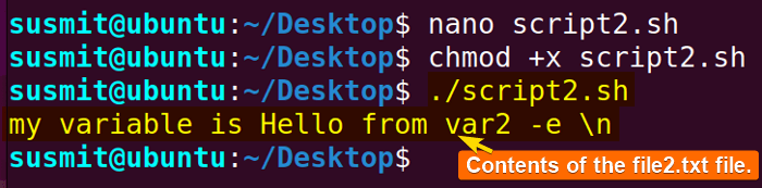 The script3.sh has written the var2 variable to the file2.txt then the content of the file2.txt file has been printed on the terminal.