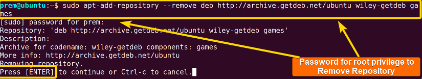 selected repository is being removed using the apt-add-repository command with remove option