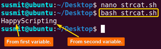 The Bash script has concatenated two variables and printed them on the terminal.