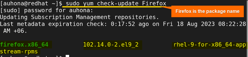 I've searched for update information on Firefox package using 'sudo yum check-update Firefox' command