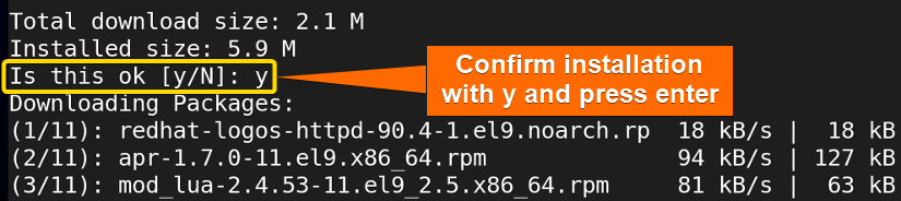 Confirming Installation press y