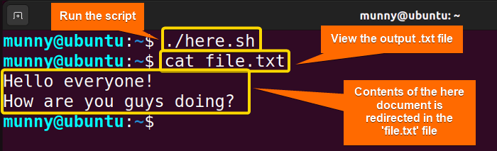 Bash input redirection using here documents