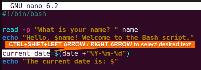 Selecting desired text in nano to copy and paste
