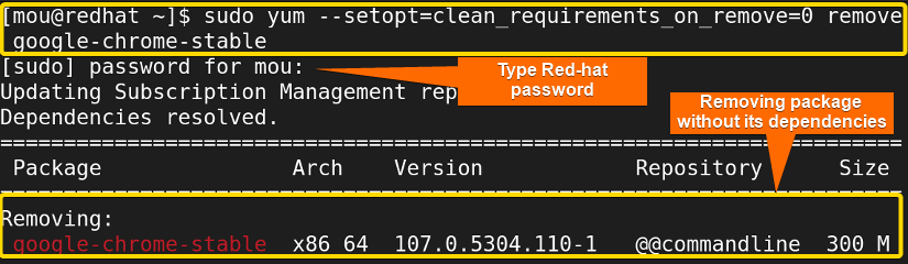 Removing a package without dependencies with setopt option with yum