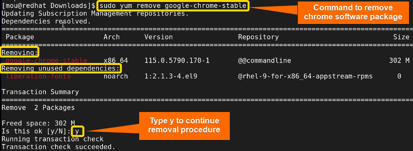 uninstalling google chrome package using yum command