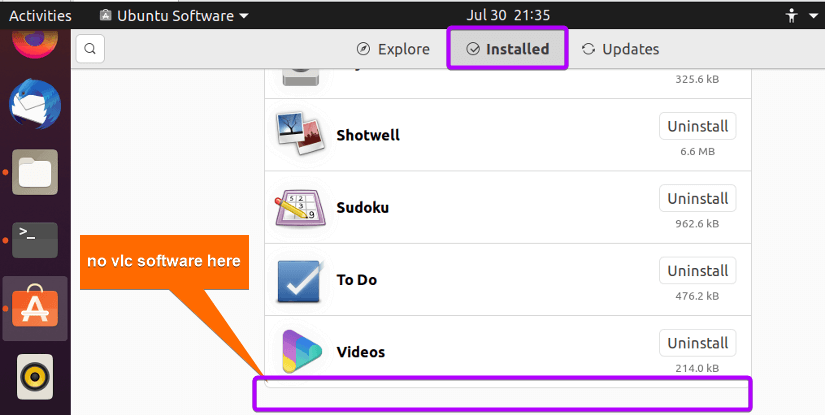 when the uninstallation procedure will be completed, you can see there is no vlc package installed in the Linux system