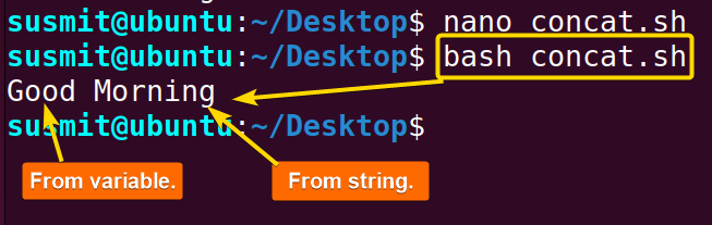 The bash script has concatenated a variable with a string and then printed its value.
