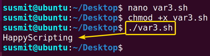 The Bash script has concatenated two variables and then saved them to a variable. And finally printed the variable.