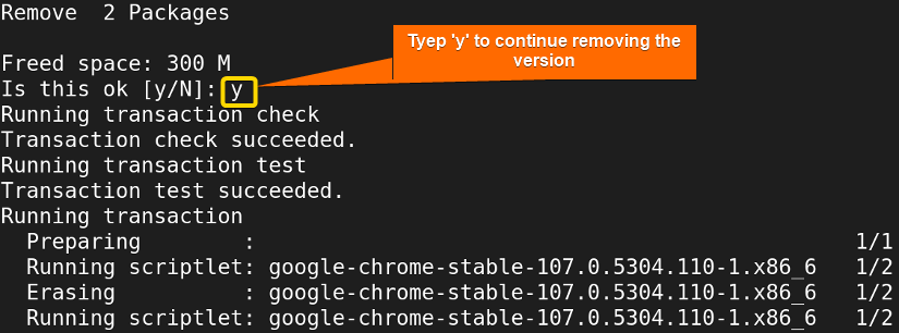 typing yes to continue the removal process