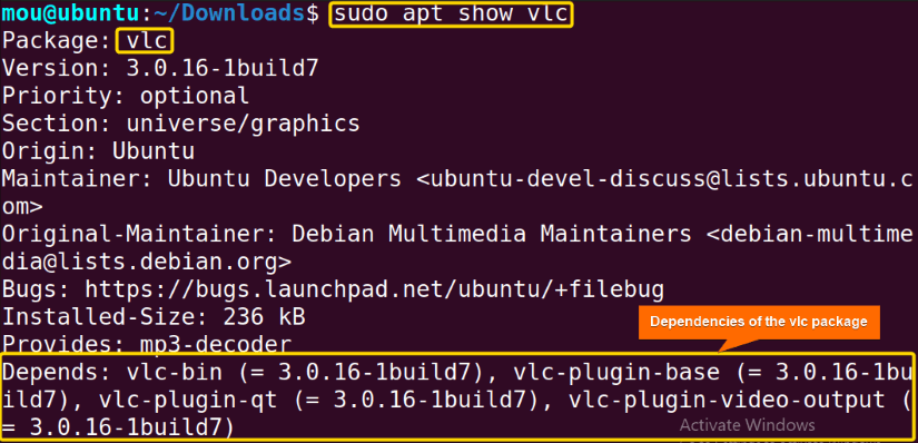 Showing dependencies, recommendations and suggestions of the vlc package after removing it