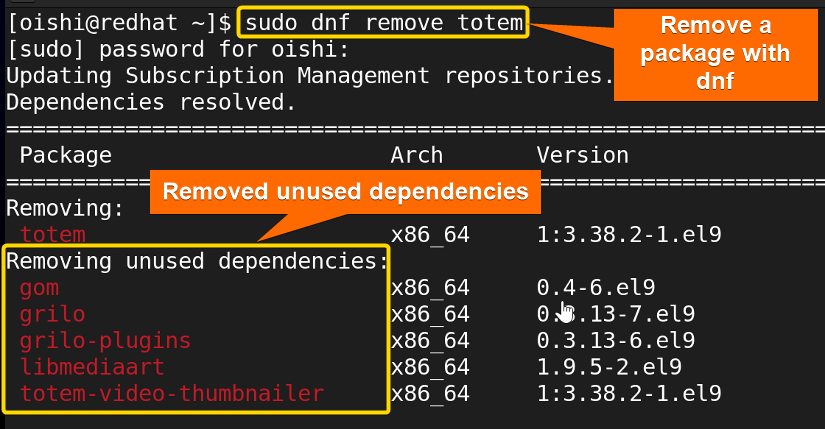 Remove a package totem with dnf