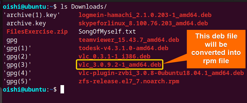 Showing the deb file which I want to convert