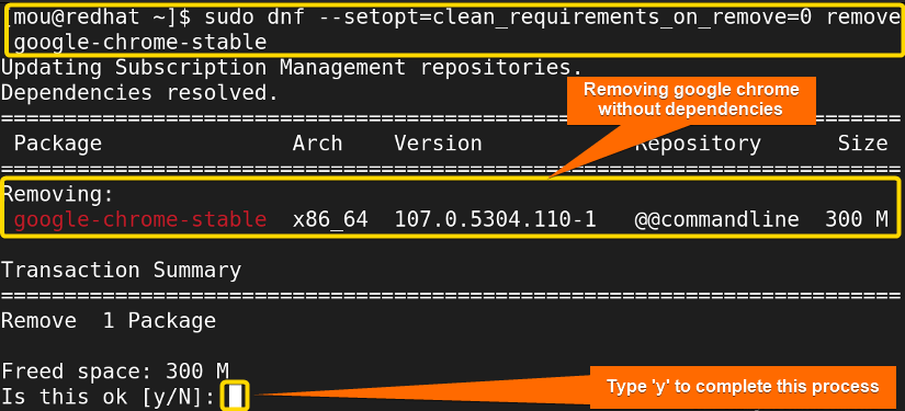 removing google chrome with setopt option using dnf