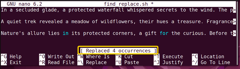 Message after find-and-replace operation in nano